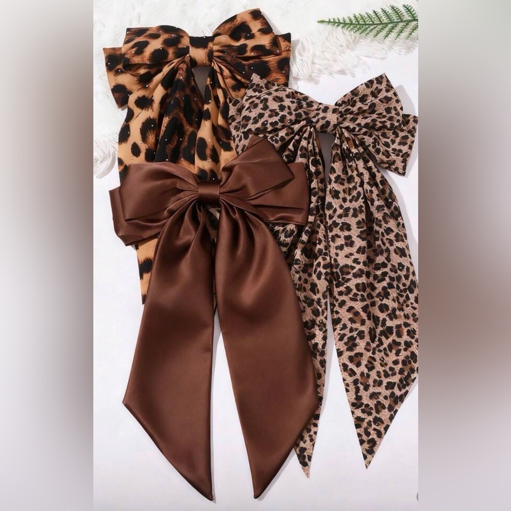 Leopard Print and Brown Satin Hair Bows set of 3 Large